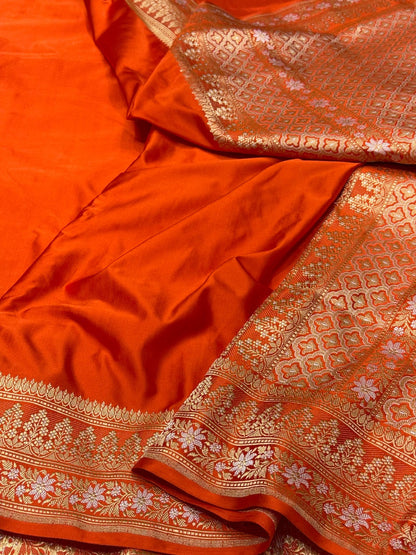 Orange Handwoven Banarasi Pure Mashru Satin Silk Saree