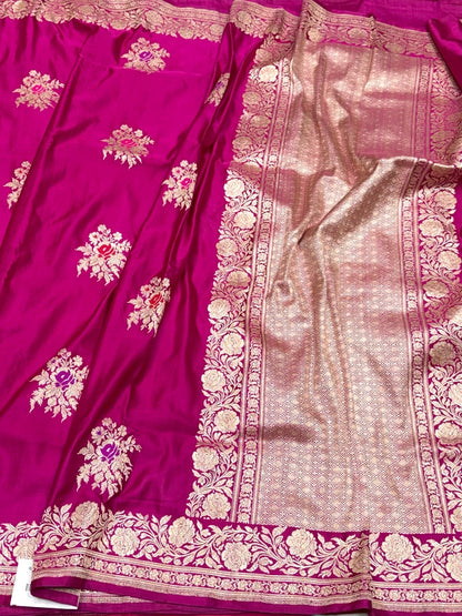Rani Pink Handwoven Vintage Pure Banarasi Satin Silk Saree