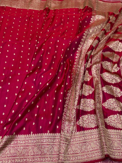 Red Handwoven Vintage Pure Banarasi Satin Silk Saree