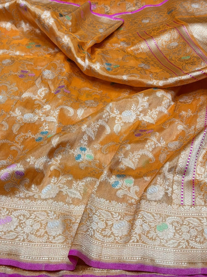 Orange Handwoven Banarasi Pure Silk Tissue Saree