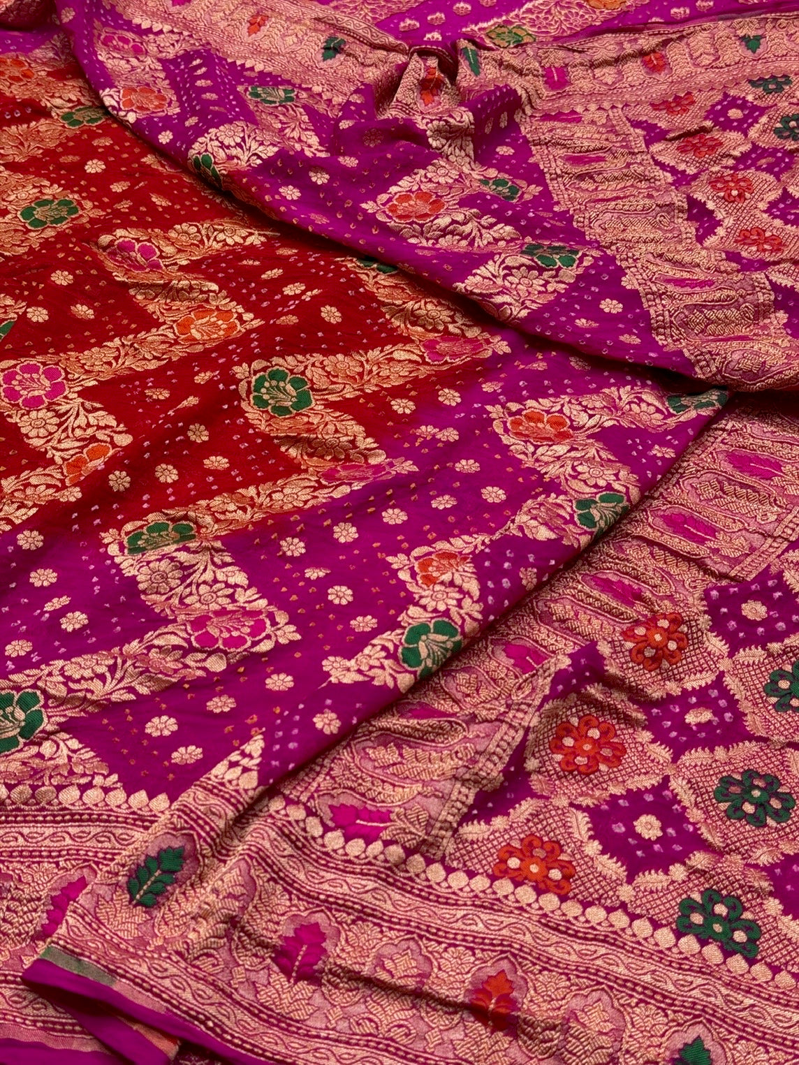 Rani Pink Banarasi Pure Bandhej Georgette Saree – Luxury Cutwork Brocade Wedding &amp; Festive Saree