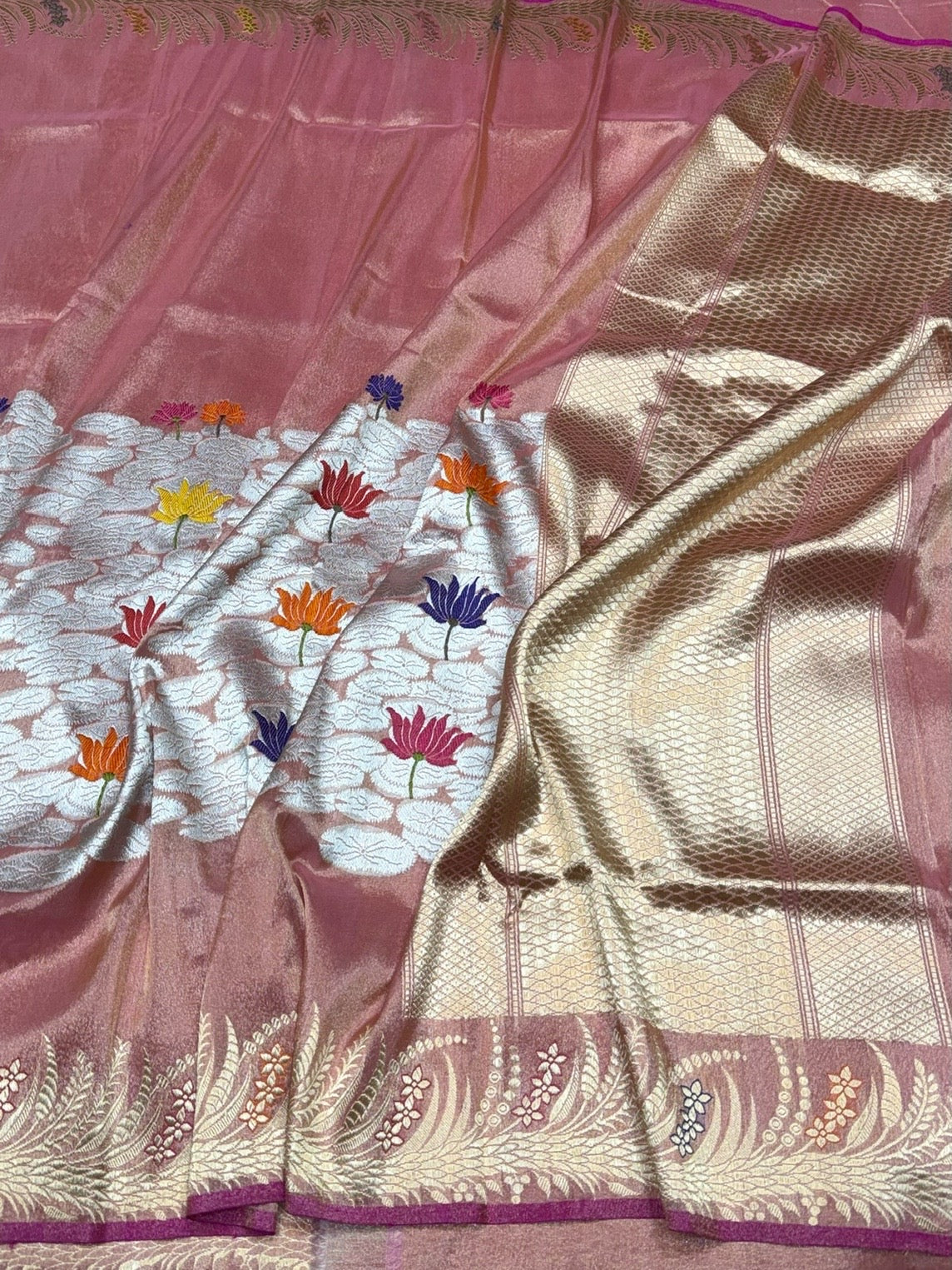 Dusty Rose Pink Handwoven Pure Banarasi Tissue Silk Saree – Kadwa Lotus Motif | Authentic Katan Tissue Handloom