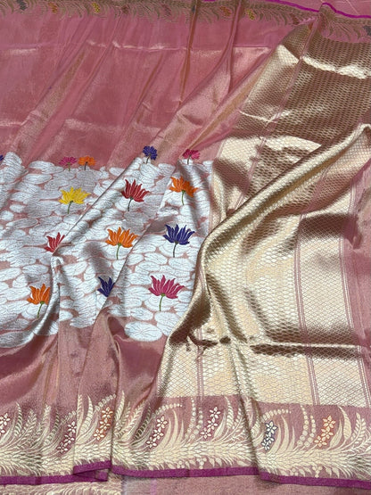 Dusty Rose Pink Handwoven Pure Banarasi Tissue Silk Saree – Kadwa Lotus Motif | Authentic Katan Tissue Handloom