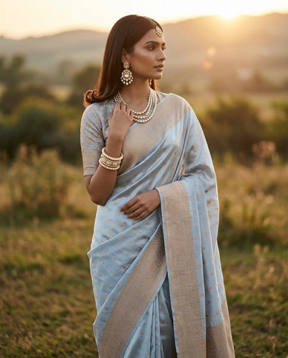 Sky Blue Handwoven Vintage Banarasi Pure Satin Silk Saree