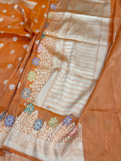 Orange Handwoven Pure Banarasi Tissue Silk Saree – Kadwa Weave | Lightweight Katan-Tissue Silk | Modern Skirt Design