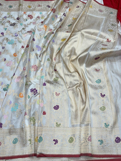 White Handwoven Pure Banarasi Silk Saree