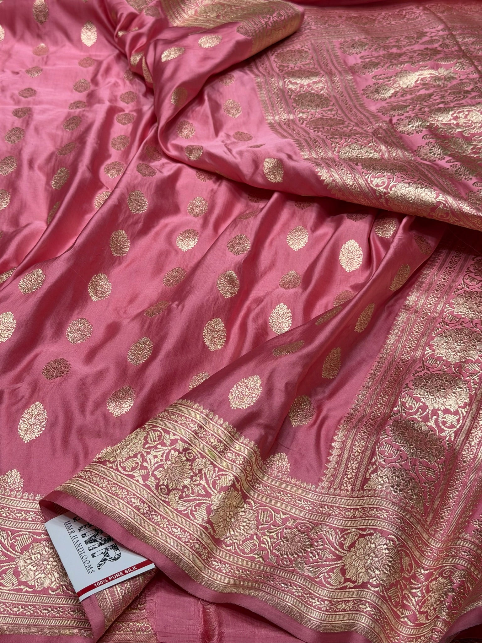 Baby Pink Handwoven Vintage Pure Banarasi Satin Silk Saree – Cutwork Weave, Pure Satin Silk