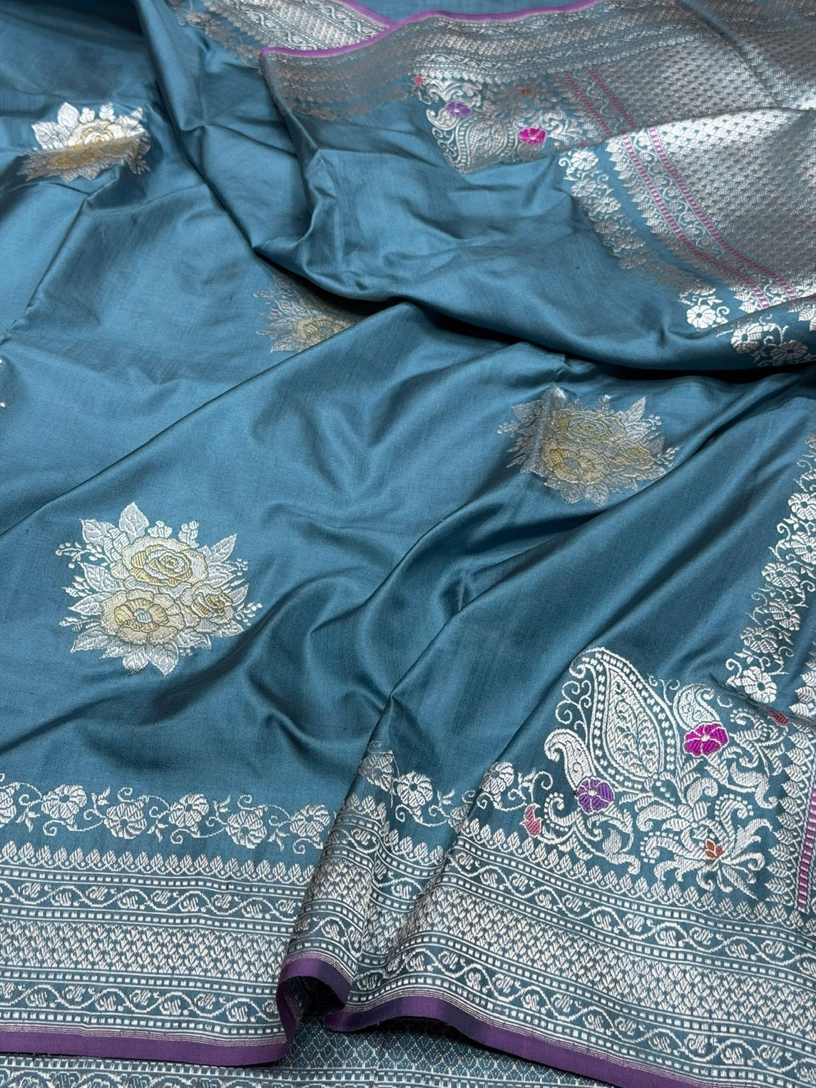 Teal Blue Handwoven Pure Banarasi Ektara Silk Saree
