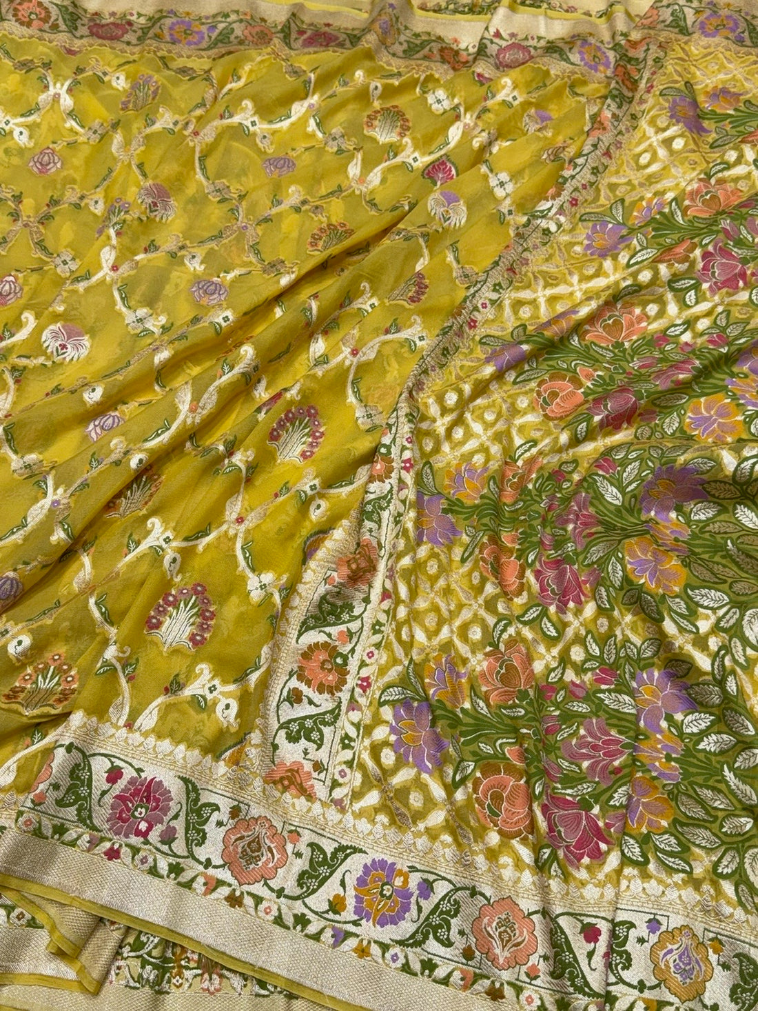Yellow Pure Banarasi Chiffon Georgette Saree