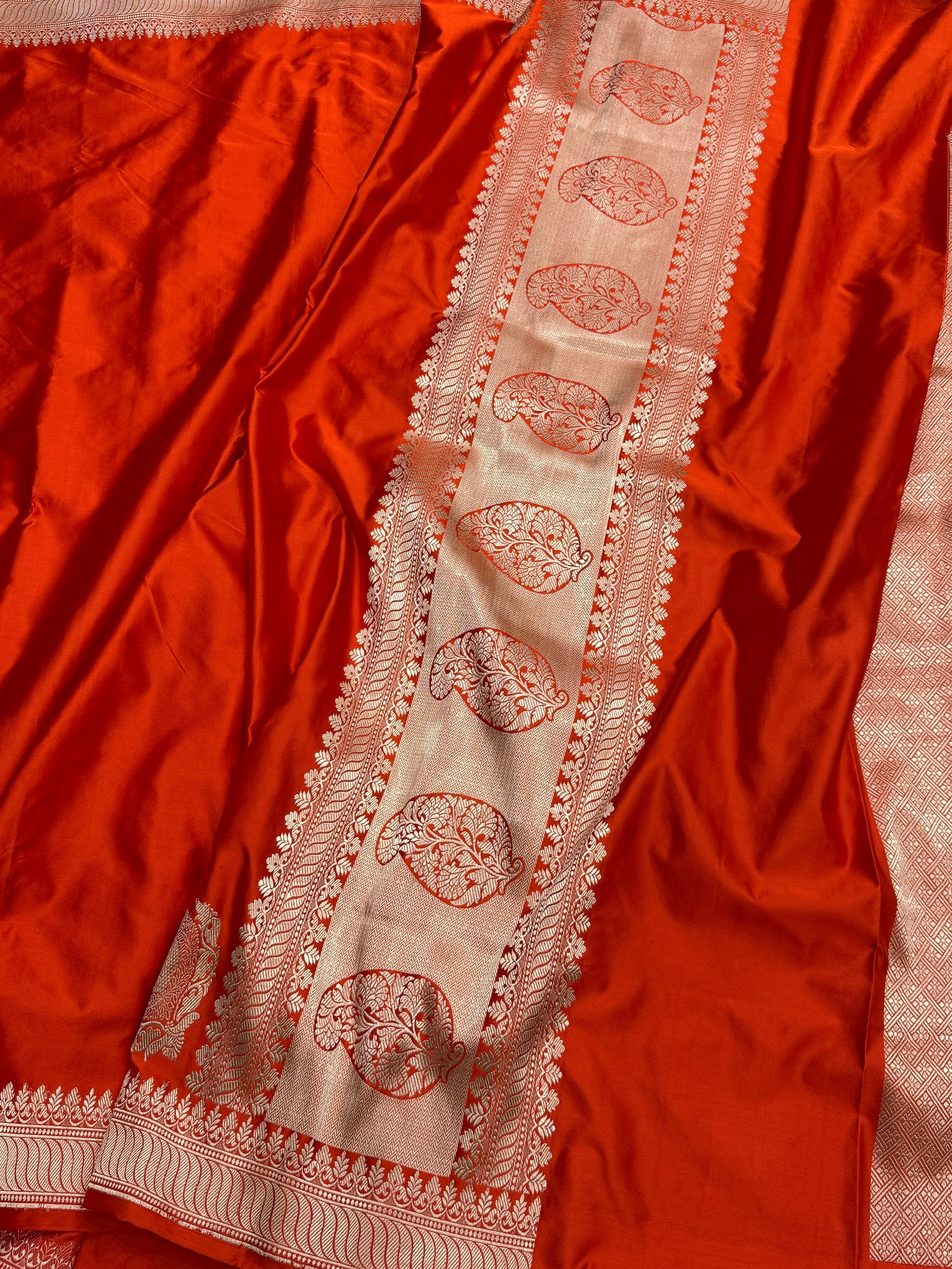 Orange Handwoven Banarasi Pure Mashru Satin Silk Saree