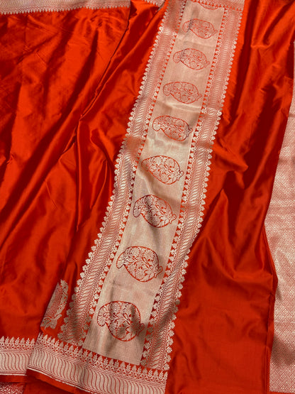 Orange Handwoven Banarasi Pure Mashru Satin Silk Saree