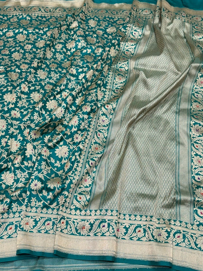 Teal Green Handwoven Pure Banarasi Katan Silk Saree – Authentic Kadwa Weave