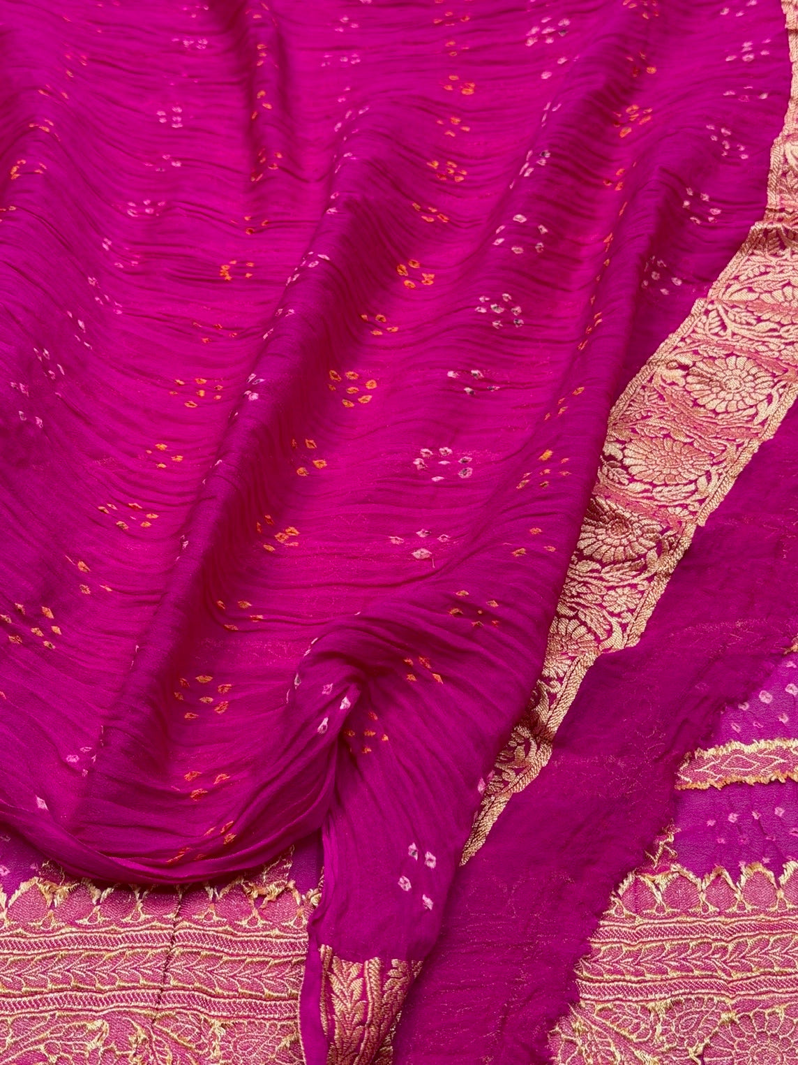 Rani Pink Banarasi Pure Bandhej Georgette Saree – Luxury Cutwork Brocade Festive Saree