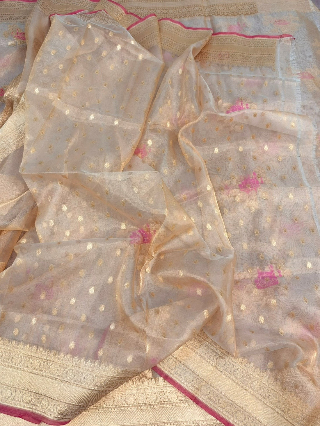 Champagne Gold Pure Banarasi Tissue Silk Saree | Pure Kora Tissue | Cutwork Technique