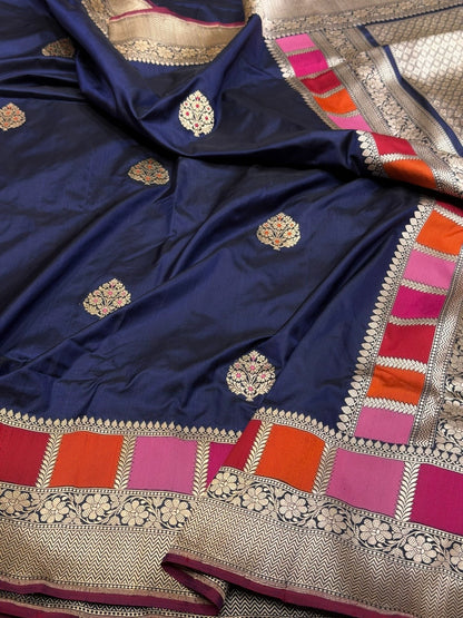 Navy Blue Handwoven Pure Banarasi Silk Saree