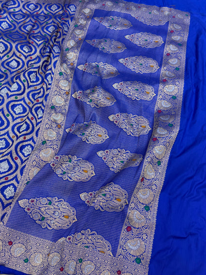 Royal Blue Banarasi Minakari Pure Katan Silk Saree | Pure Silk | Minakari Work | Cutwork Technique | Banarasi Katan Silk Saree