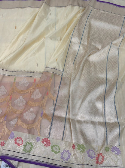 Cream Handwoven Pure Banarasi Ektara Silk Saree