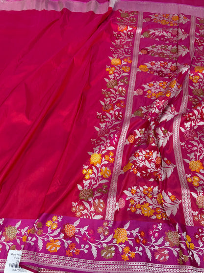 Pinkish Red Handwoven Pure Banarasi Silk Saree