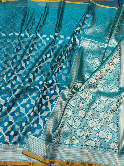Sky Blue Handwoven Pure Banarasi Satin Tanchoi Silk Saree