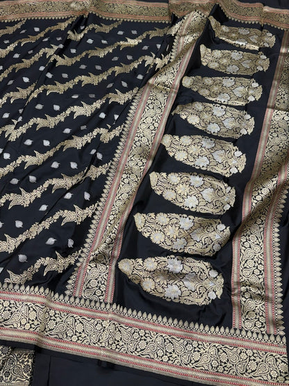 Black Handwoven Pure Banarasi Silk Saree – Kadwa Weave in 100% Katan Mulberry Silk