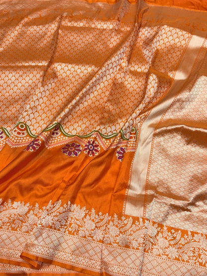 Orange Handwoven Pure Banarasi Silk Saree in Kadwa Weave | Authentic Katan Mulberry Silk