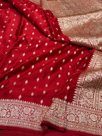 Red Handwoven Vintage Pure Banarasi Satin Silk Saree – Cutwork Weave, Pure Satin Silk