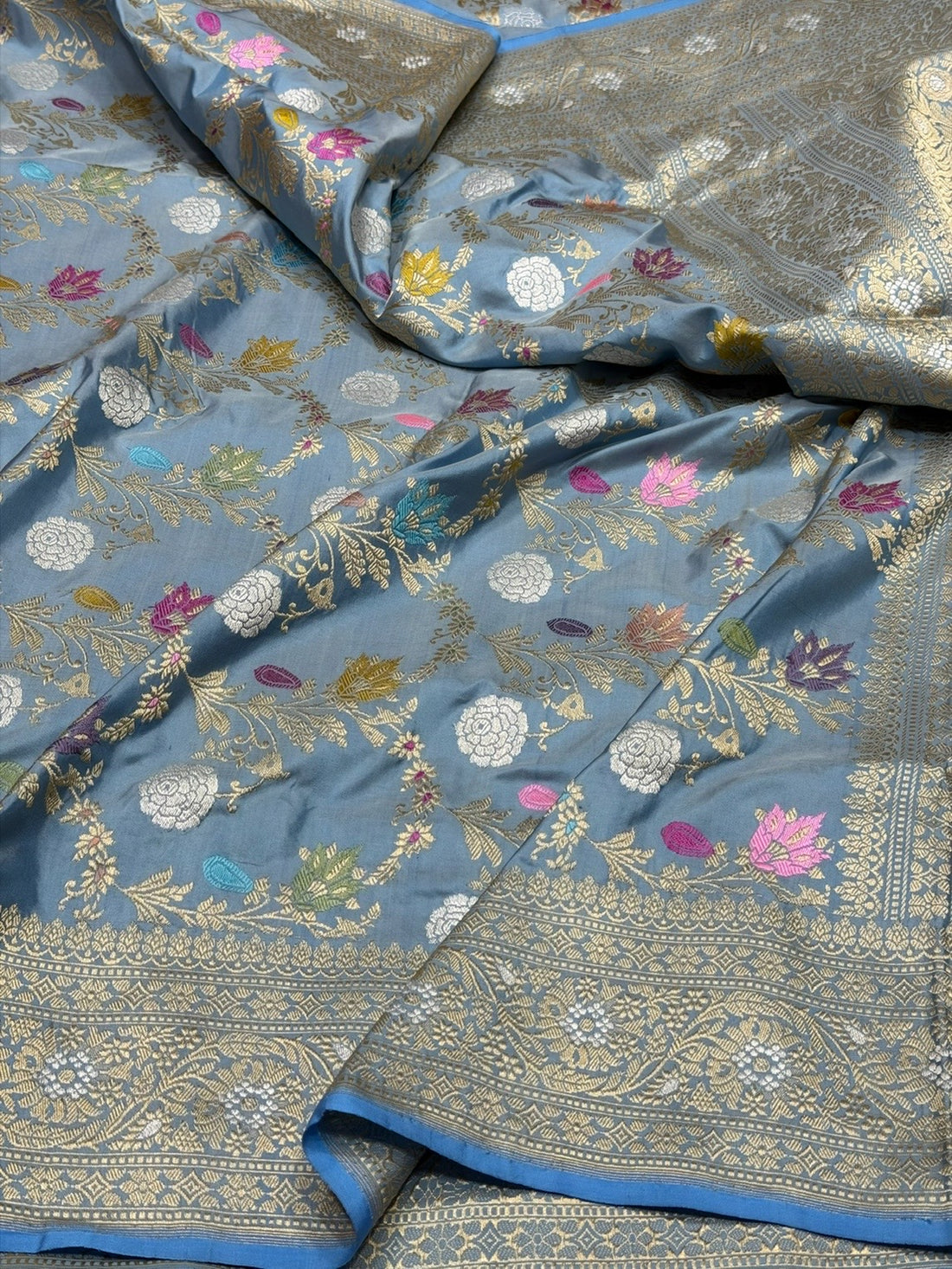 Powder Blue Handwoven Pure Banarasi Tissue Silk Saree