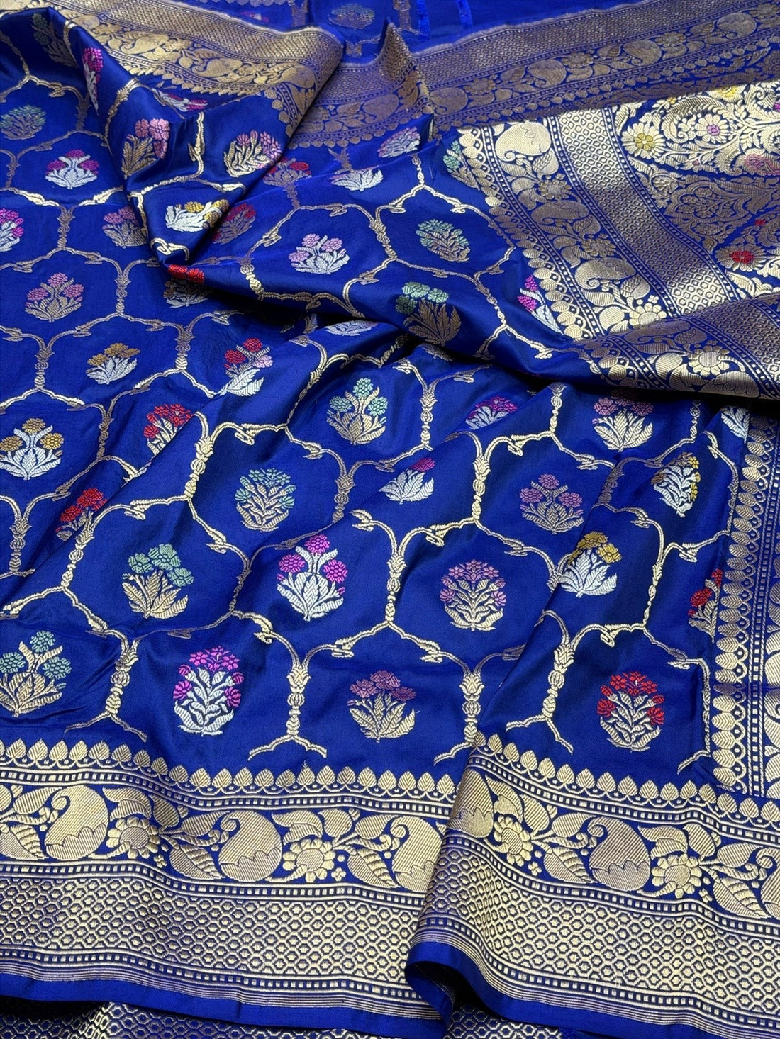 Royal Blue Handwoven Pure Banarasi Silk Saree – Kadwa Weave in 100% Katan Mulberry Silk
