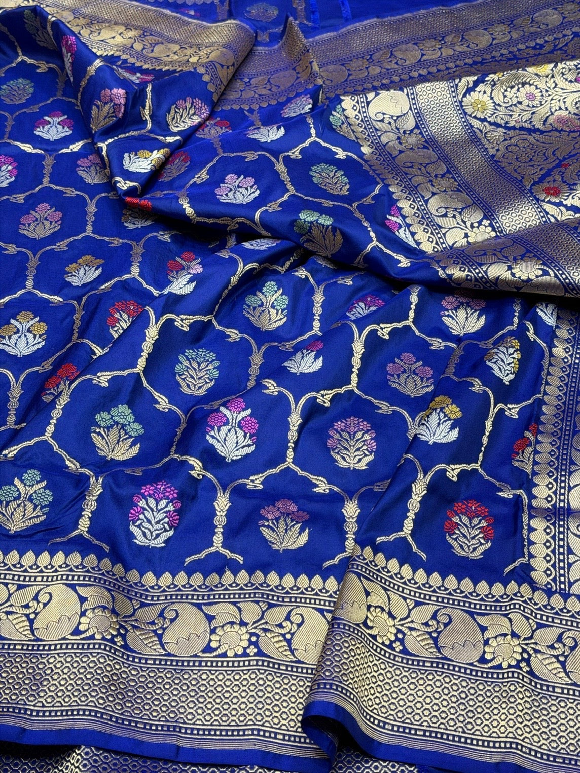 Royal Blue Handwoven Pure Banarasi Silk Saree – Kadwa Weave in 100% Katan Mulberry Silk