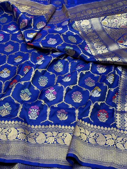 Royal Blue Handwoven Pure Banarasi Silk Saree – Kadwa Weave in 100% Katan Mulberry Silk