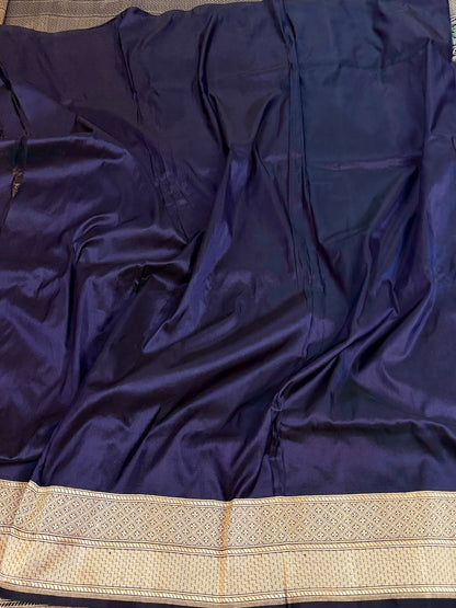 Navy Blue Handwoven Kimkhab Pure Banarasi Silk Brocade Saree