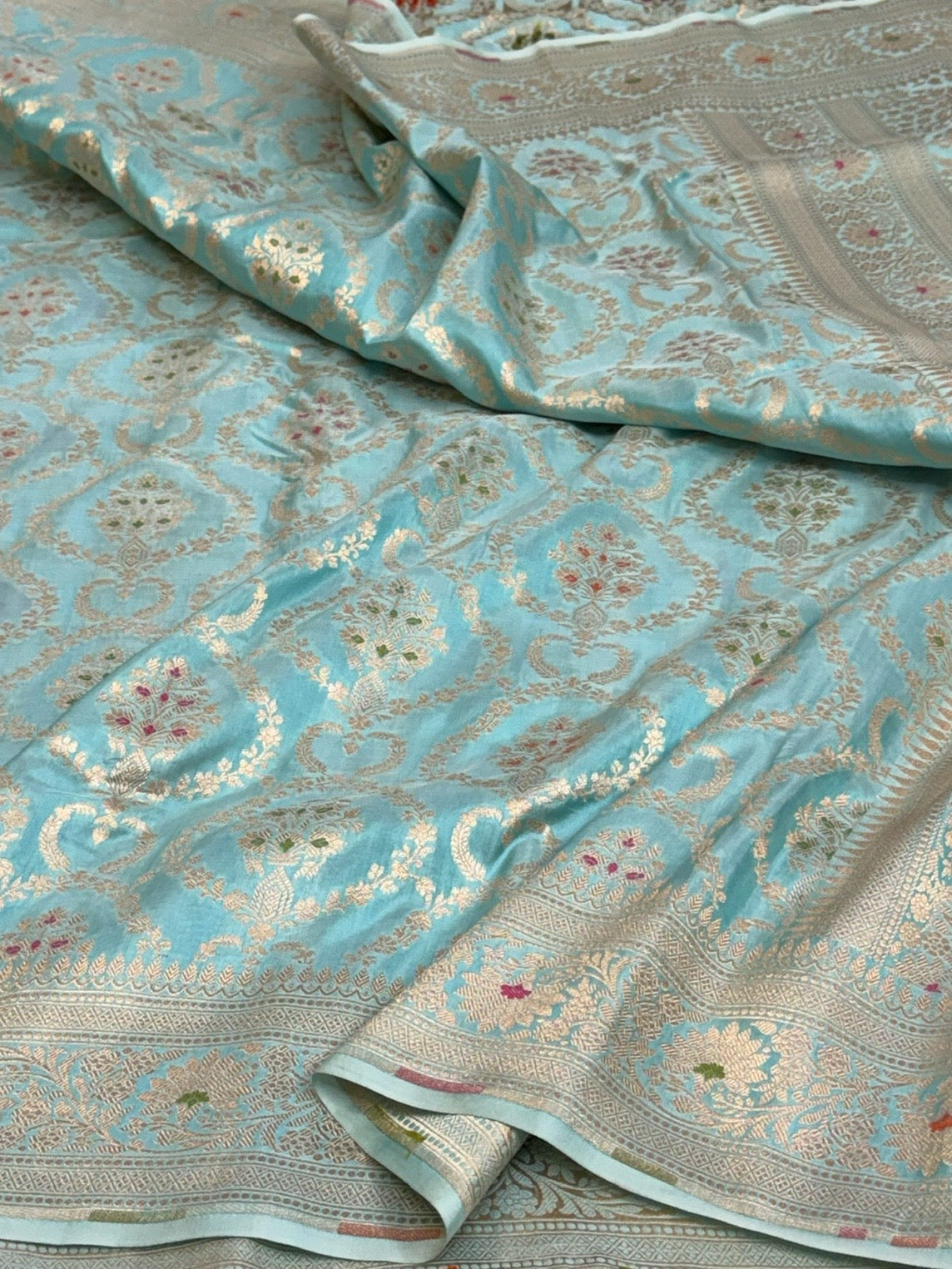 Sea Blue Banarasi Minakari Pure Katan Silk Saree