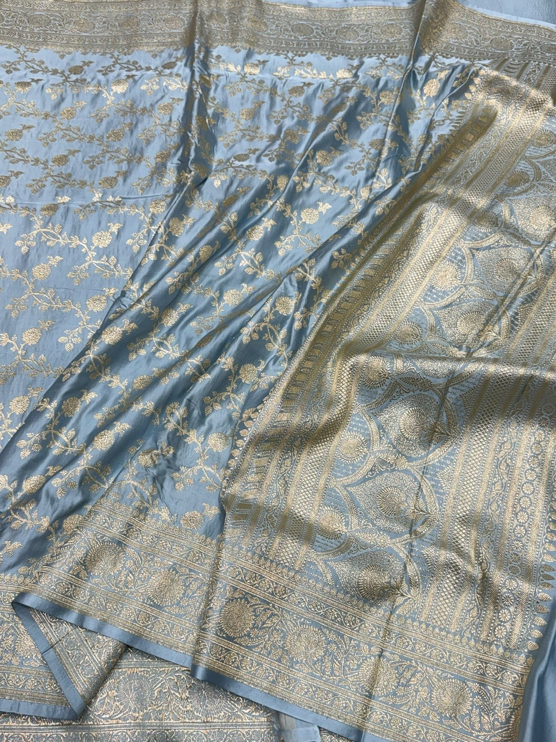Bluish Grey Handwoven Vintage Pure Banarasi Satin Silk Saree