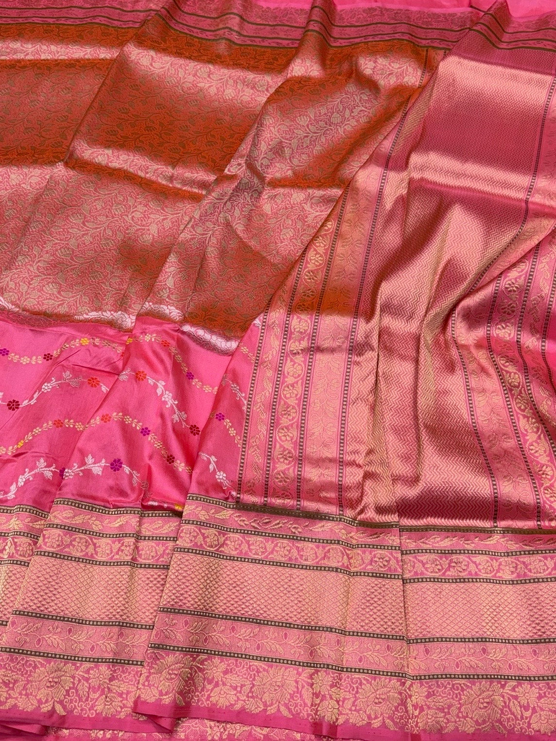 Orangish Pink Handwoven Pure Banarasi Silk Kadwa Saree – 100% Pure Katan Mulberry Silk, Premium Brocade Weave