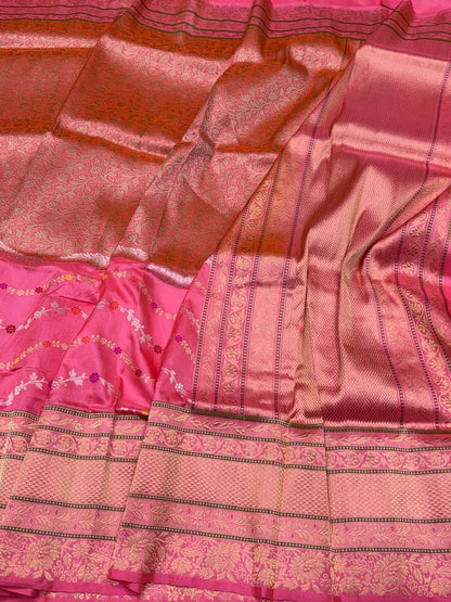 Orangish Pink Handwoven Pure Banarasi Silk Kadwa Saree – 100% Pure Katan Mulberry Silk, Premium Brocade Weave