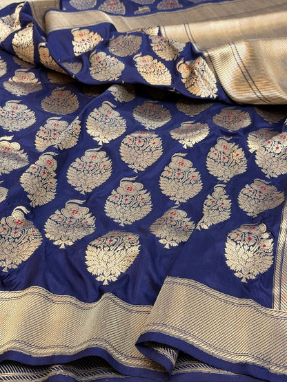 Navy Blue Handwoven Pure Katan Silk Banarasi Saree