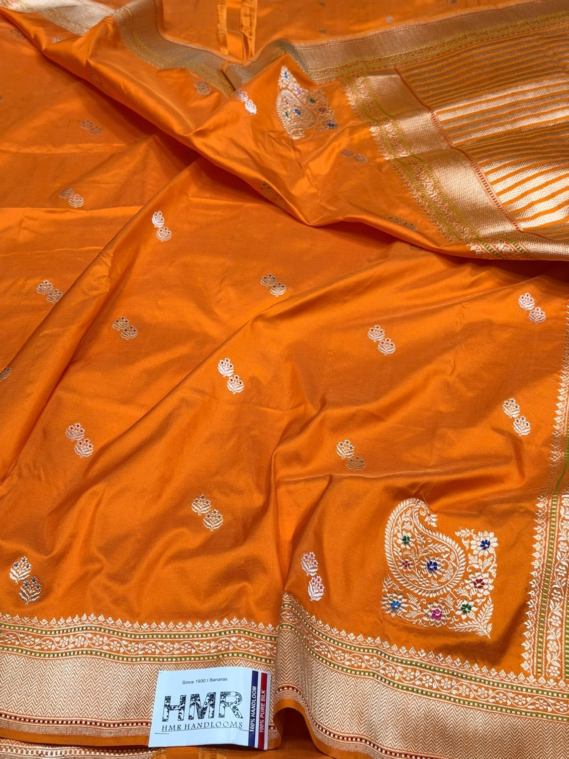 Orange Handwoven Pure Banarasi Silk Saree in Kadwa Weave | Authentic Katan Mulberry Silk