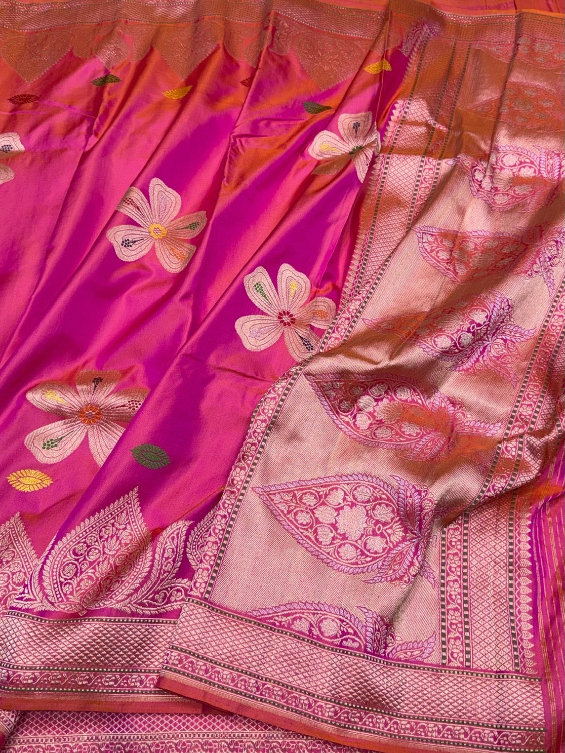 Orangish Pink Handwoven Pure Banarasi Ektara Silk Saree – Kadwa Iktara Weave, Pure Mulberry Silk