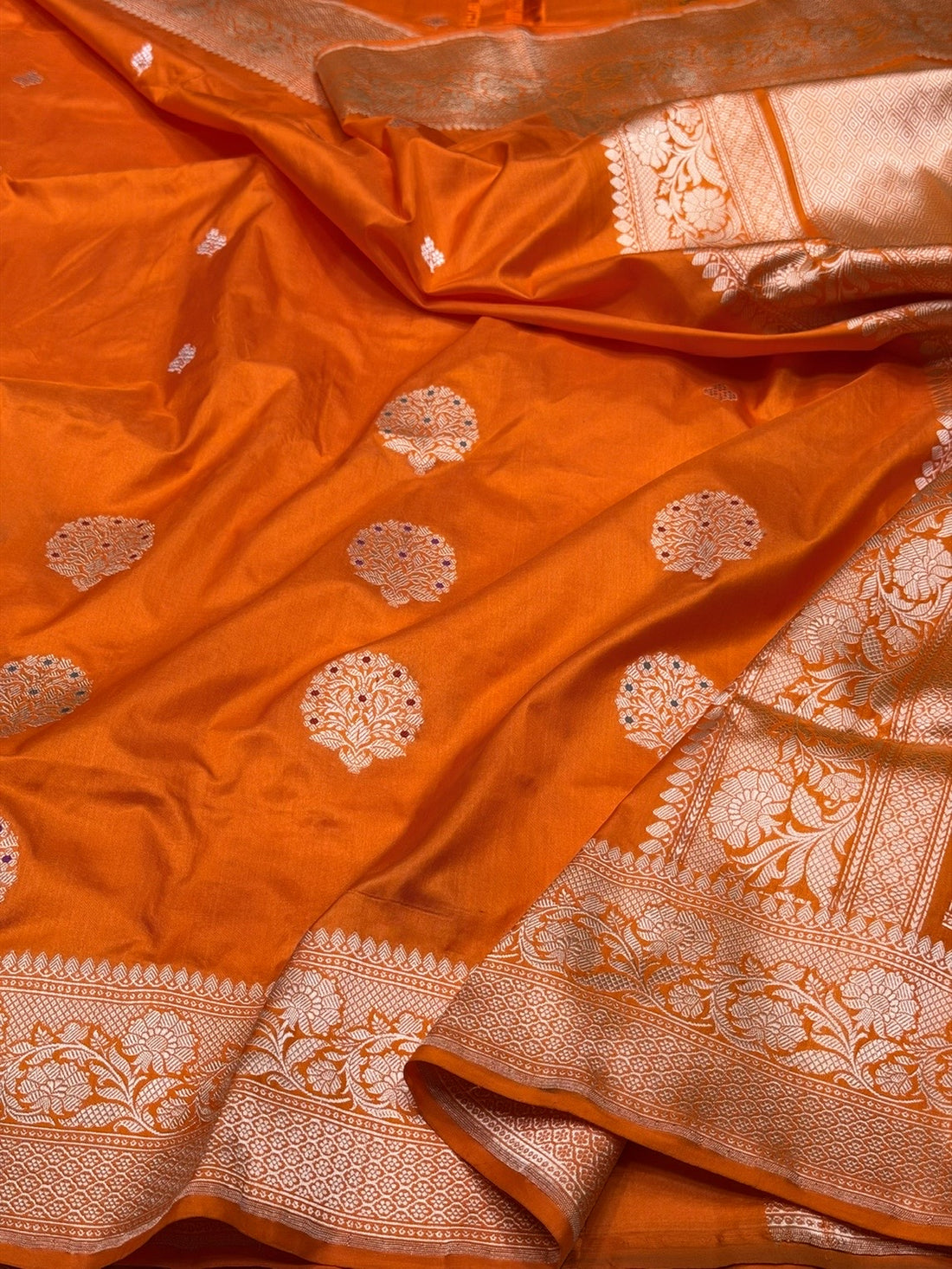 Orange Handwoven Pure Banarasi Silk Saree in Katan Silk – Kadwa Weave &amp; Meenakari Motifs