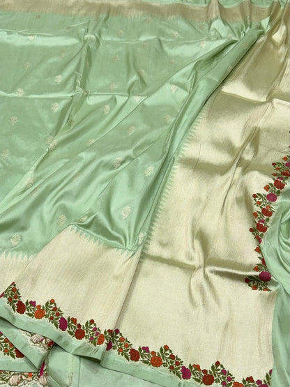 Pista Handwoven Pure Banarasi Silk Saree in Kadwa Weave – Katan Silk with Skirt Pattern Design