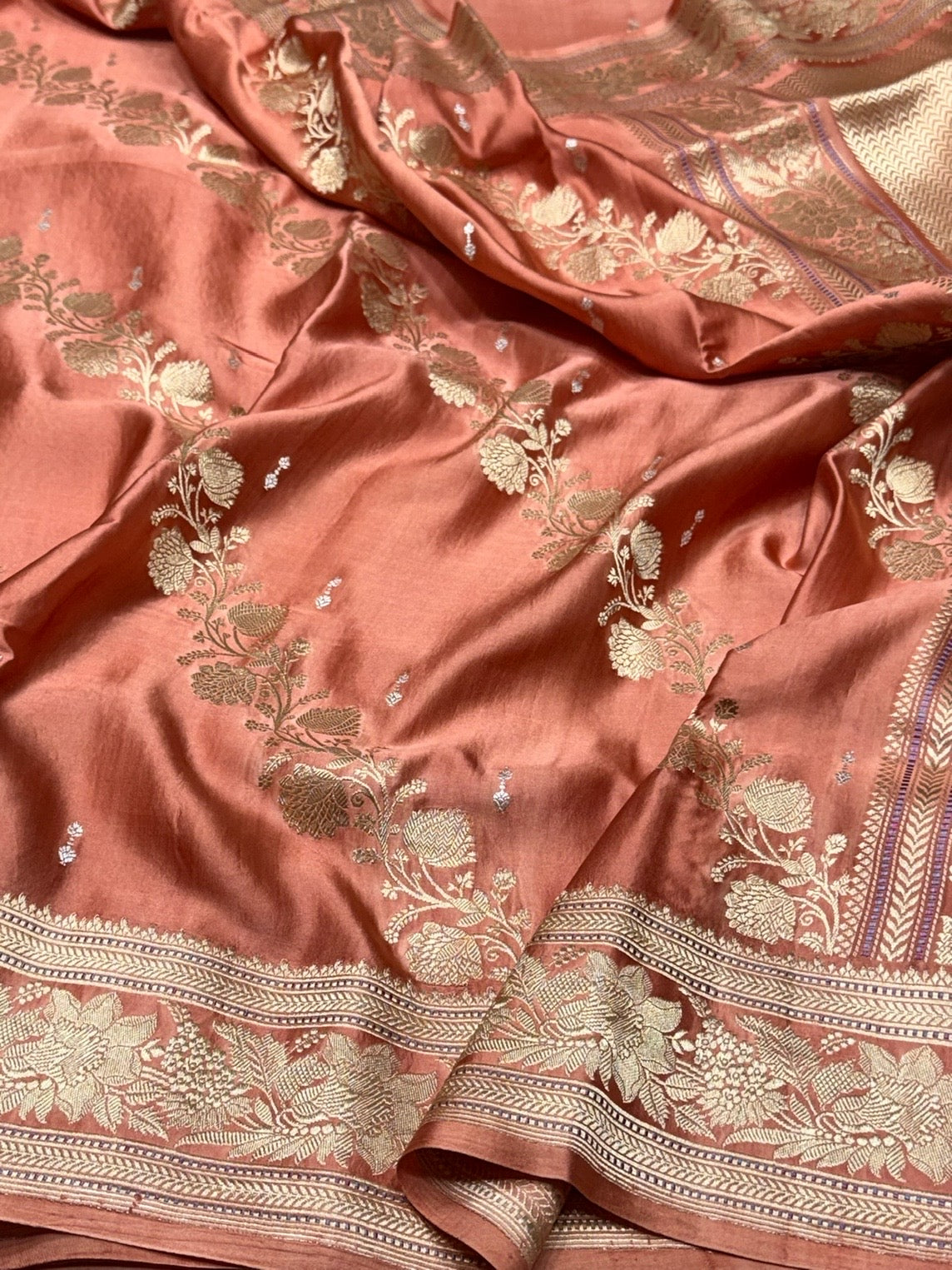 Peach Handwoven Pure Mashru Banarasi Satin Silk Saree – Kadwa Weave | Authentic Banaras Handloom