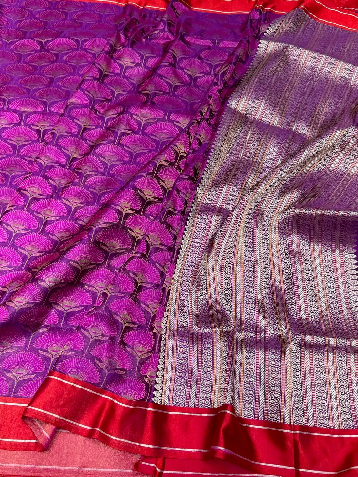 Purple Handwoven Pure Banarasi Satin Silk Saree – Kadwa Handloom Masterpiece
