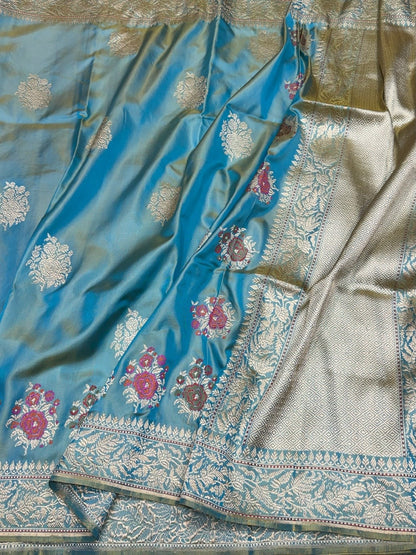 Sea Blue Handwoven Pure Banarasi Ektara Silk Saree