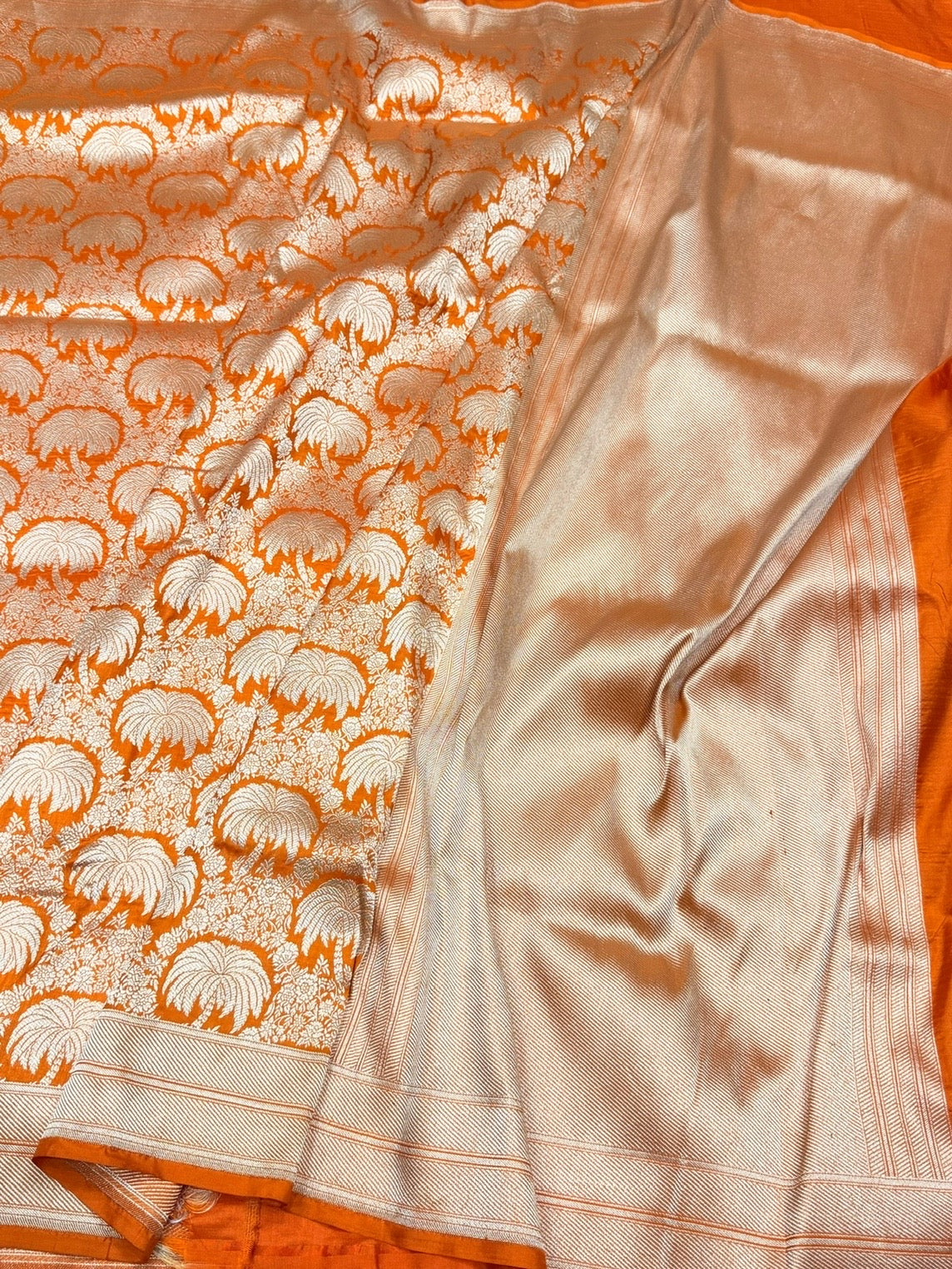 Orange Banarasi Pure Silk Brocade Saree | Luxurious Katan Silk with Intricate Weave