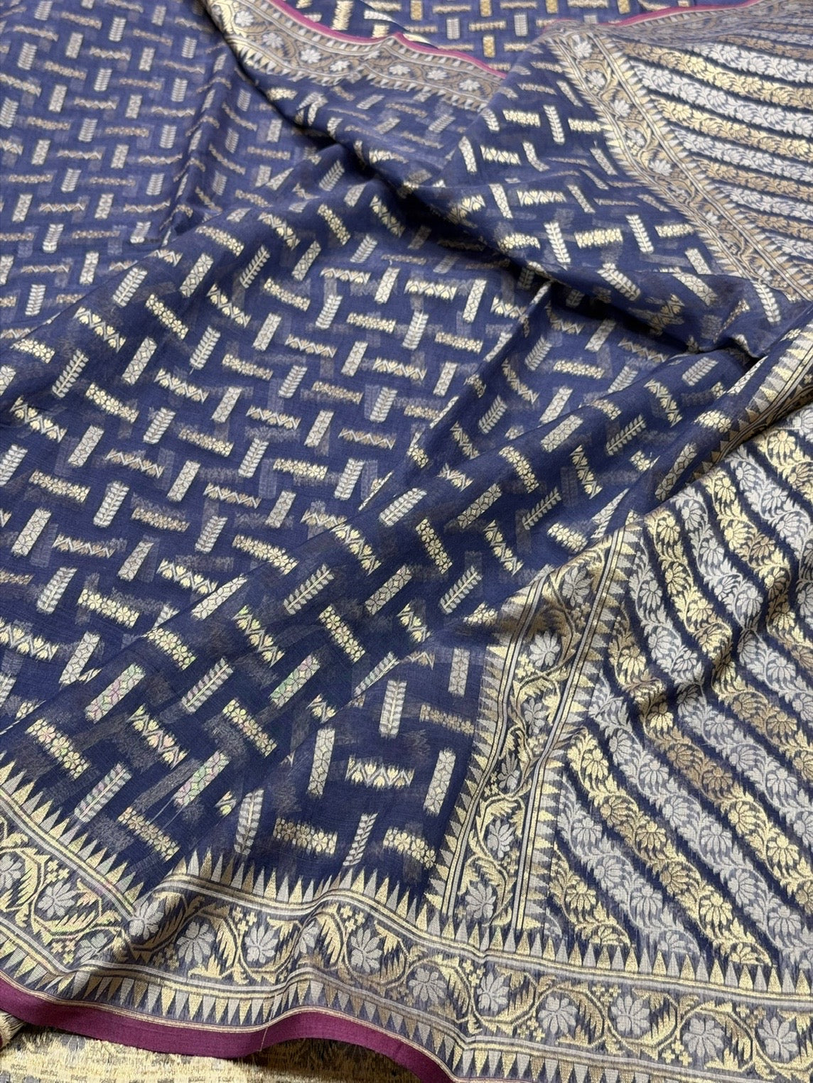 Bluish Grey Banarasi Pure Kora Cotton Saree