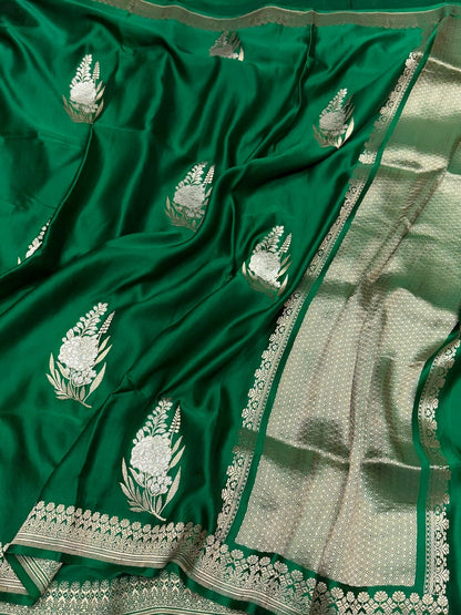 Bottle Green Handwoven Pure Mashru Banarasi Satin Silk Saree