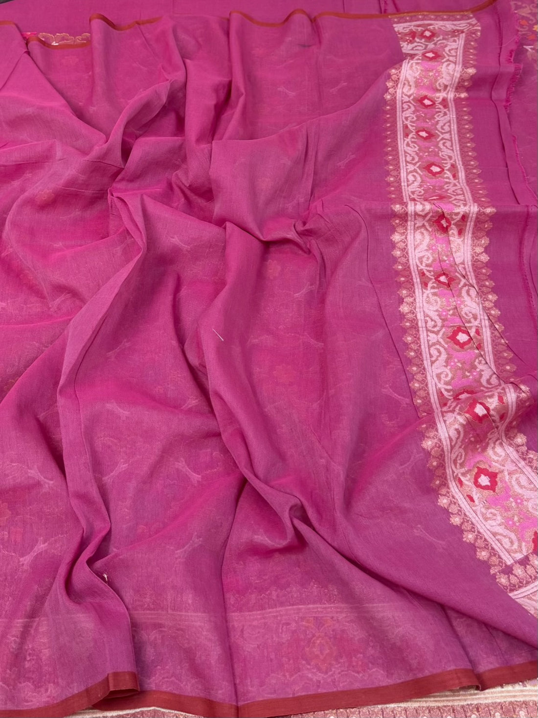 Rani Pink Pure Muslin Cotton Jamdani Saree