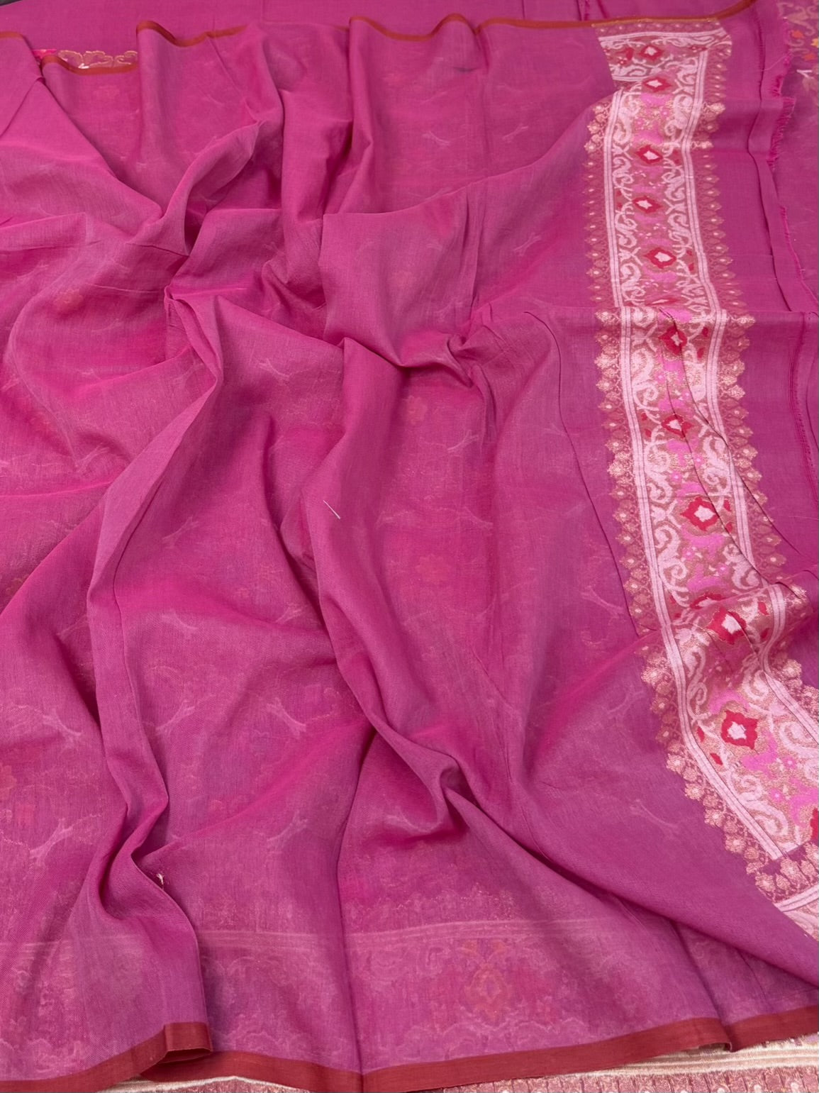Rani Pink Pure Muslin Cotton Jamdani Saree