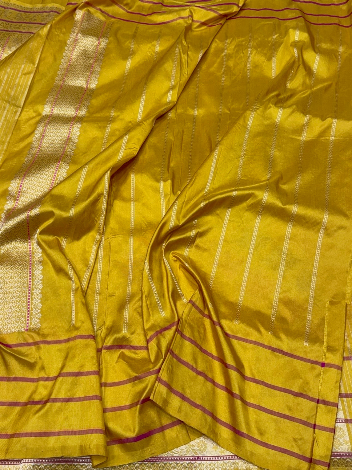Yellow Handwoven Pure Banarasi Silk Saree in Kadwa Weave | Authentic Katan Mulberry Silk