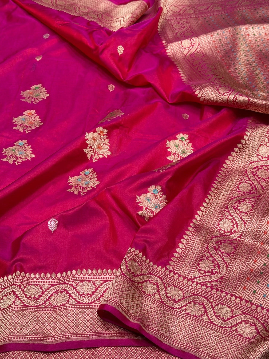 Rani Pink Handwoven Pure Banarasi Silk Saree – Kadwa Weave in 100% Katan Silk